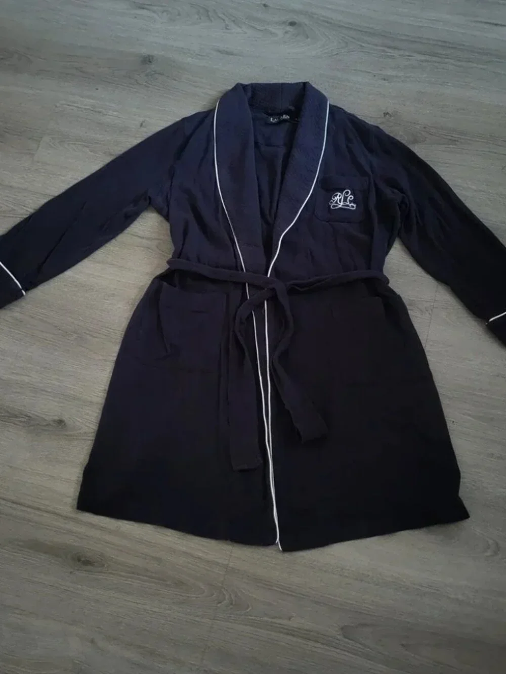 Lauren Ralph Lauren Navy Blue Piped Monogram Knit Robe Small